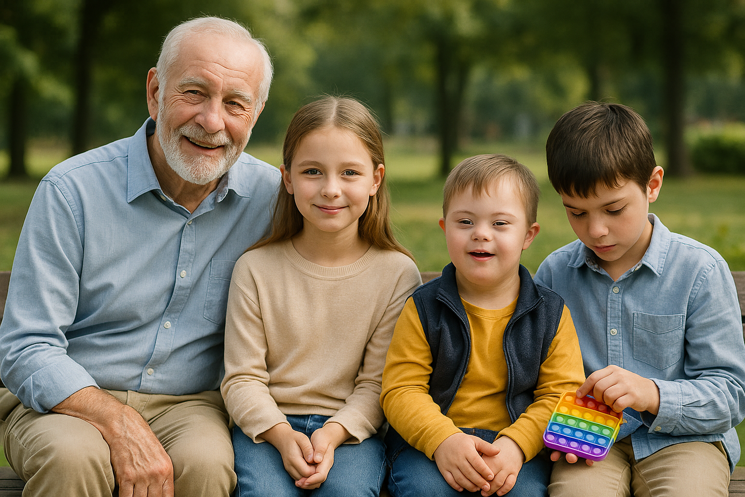 Oudere man met kinderen, waaronder een kind met Downsyndroom